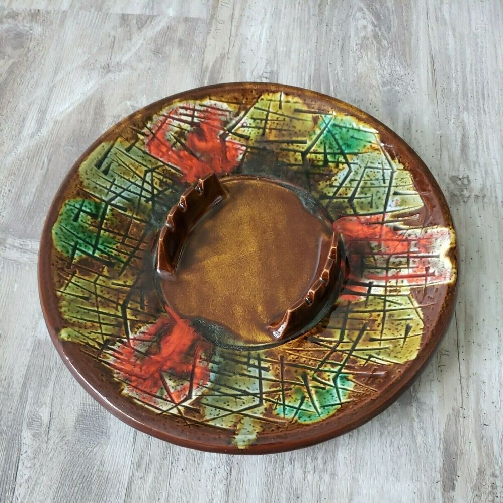 California USA Pottery MCM Southwest Colorful Round Table Cigar Ashtray Valet